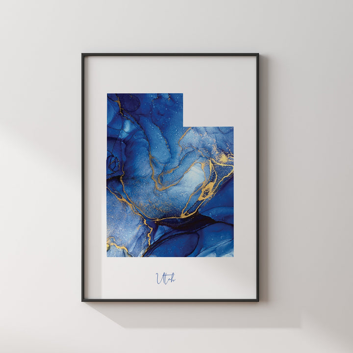 Utah Map Blue and Gold Wall Art Print | US State | United States of America | USA