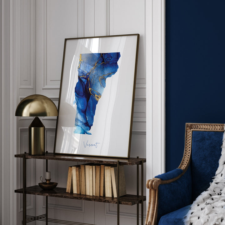 Vermont Map Blue and Gold Wall Art Print | US State | United States of America | USA