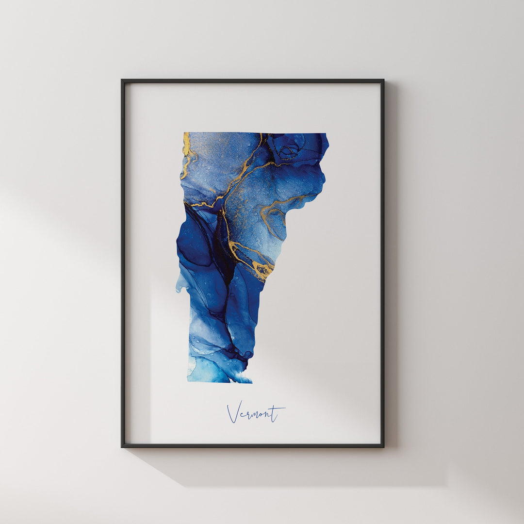 Vermont Map Blue and Gold Wall Art Print | US State | United States of America | USA