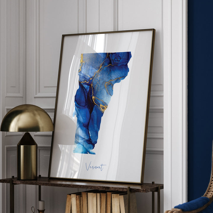 Vermont Map Blue and Gold Wall Art Print | US State | United States of America | USA