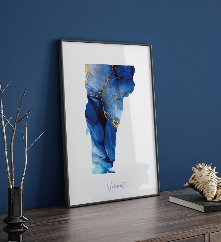 Vermont Map Blue and Gold Wall Art Print | US State | United States of America | USA