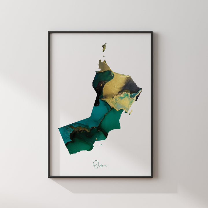 Oman Map Emerald Green and Gold Wall Art Print