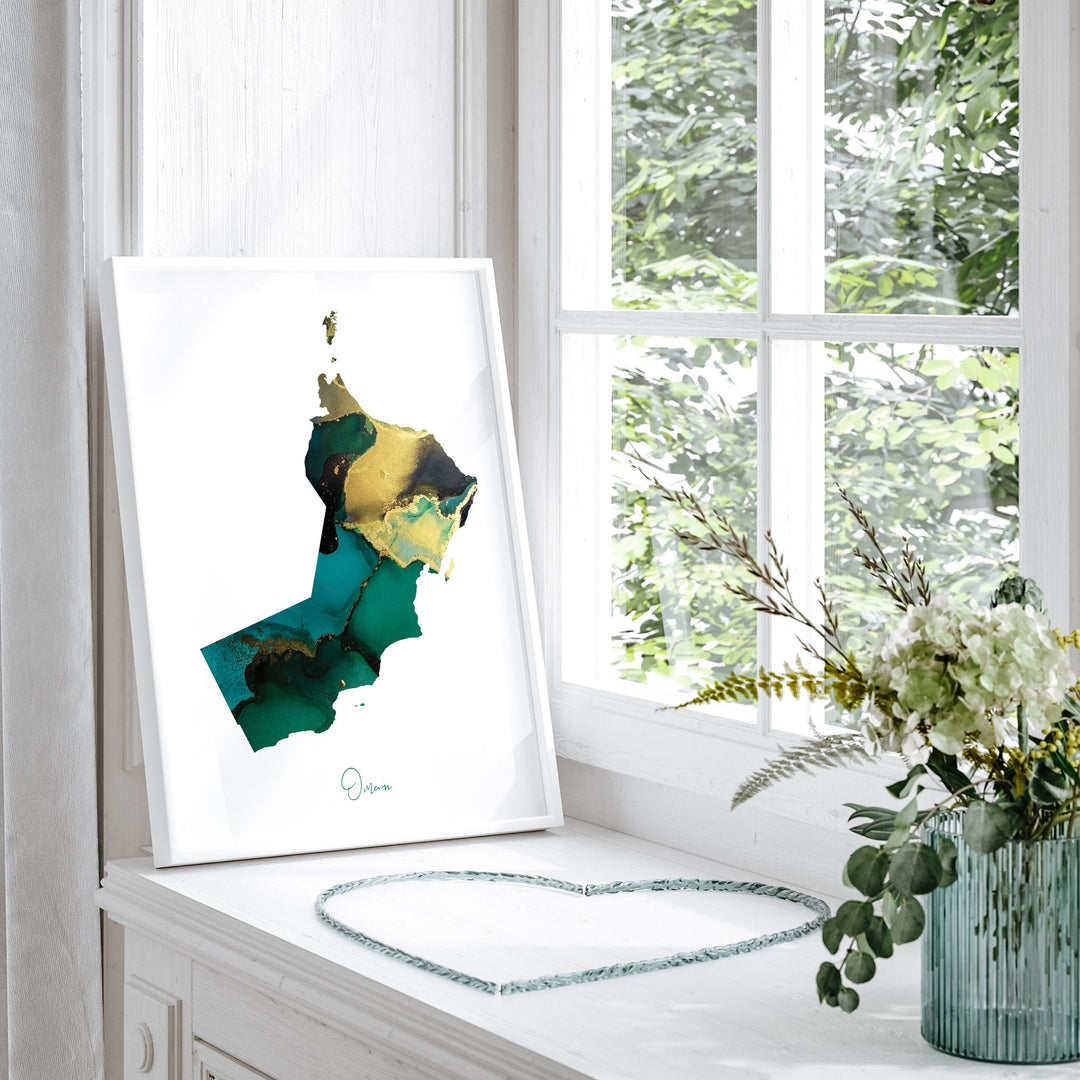 Oman Map Emerald Green and Gold Wall Art Print