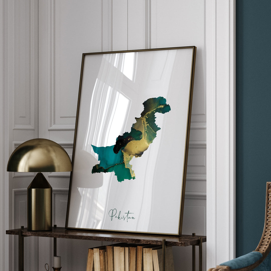 Pakistan Map Emerald Green and Gold Wall Art Print