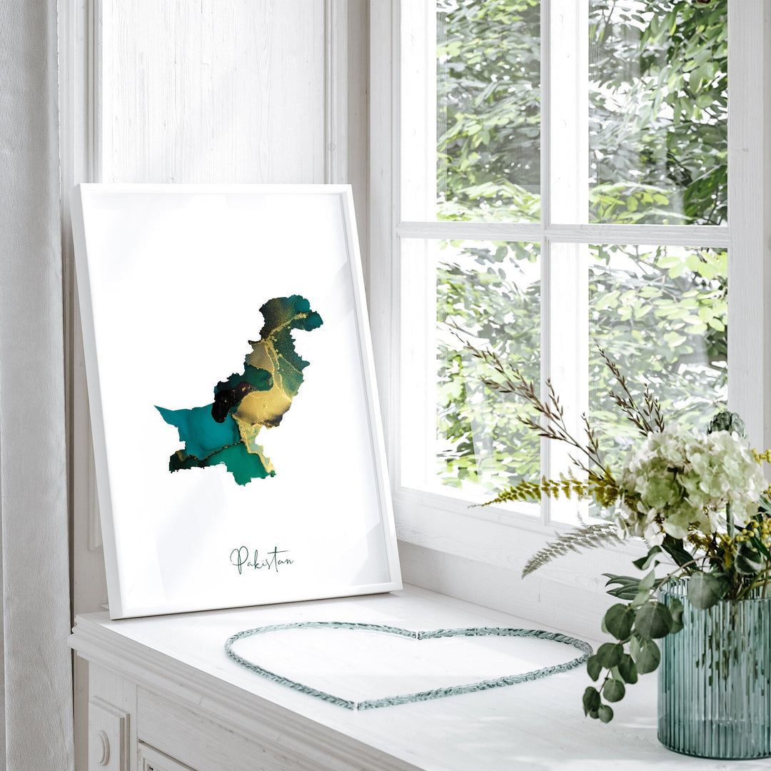Pakistan Map Emerald Green and Gold Wall Art Print