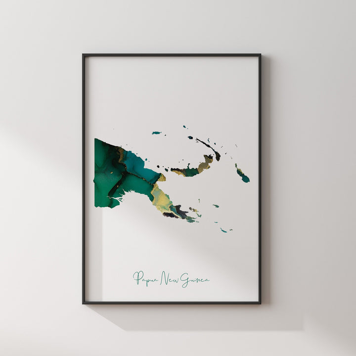 Papua New Guinea Map Emerald Green and Gold Wall Art Print