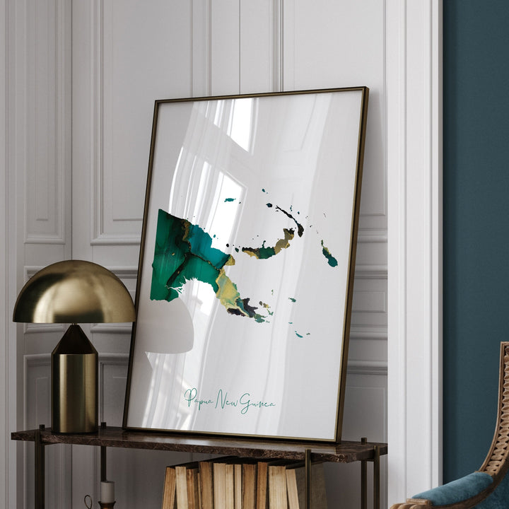 Papua New Guinea Map Emerald Green and Gold Wall Art Print
