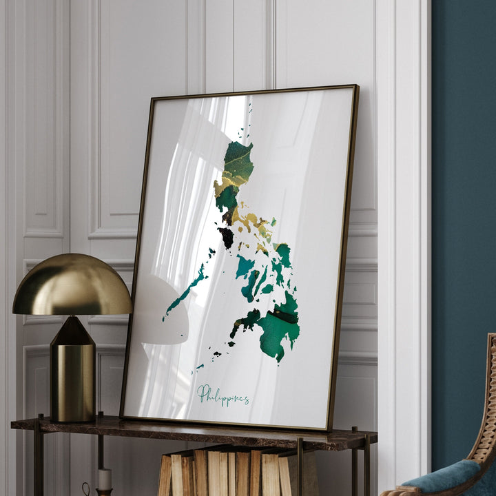 Philippines Map Emerald Green and Gold Wall Art Print