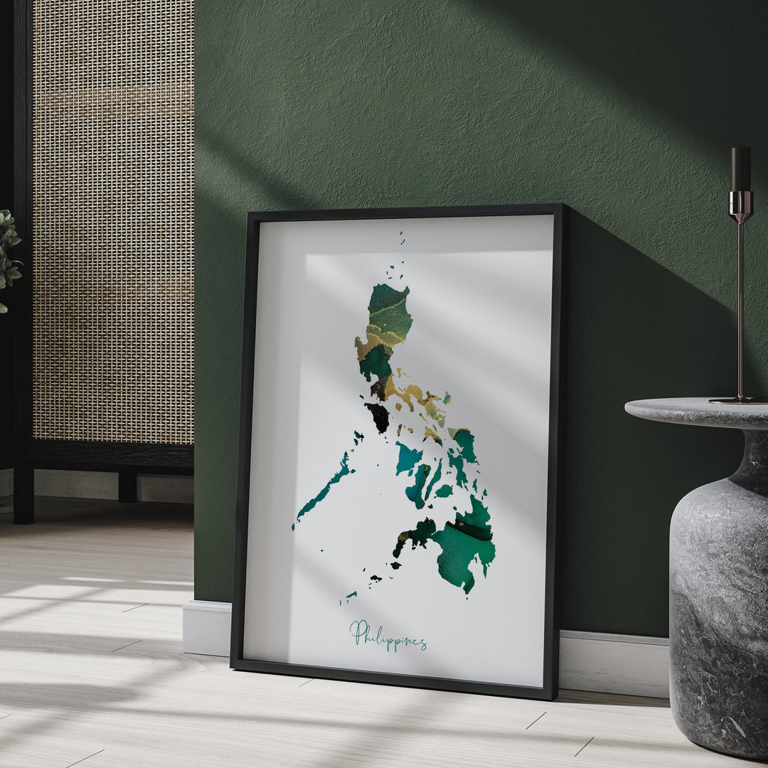 Philippines Map Emerald Green and Gold Wall Art Print