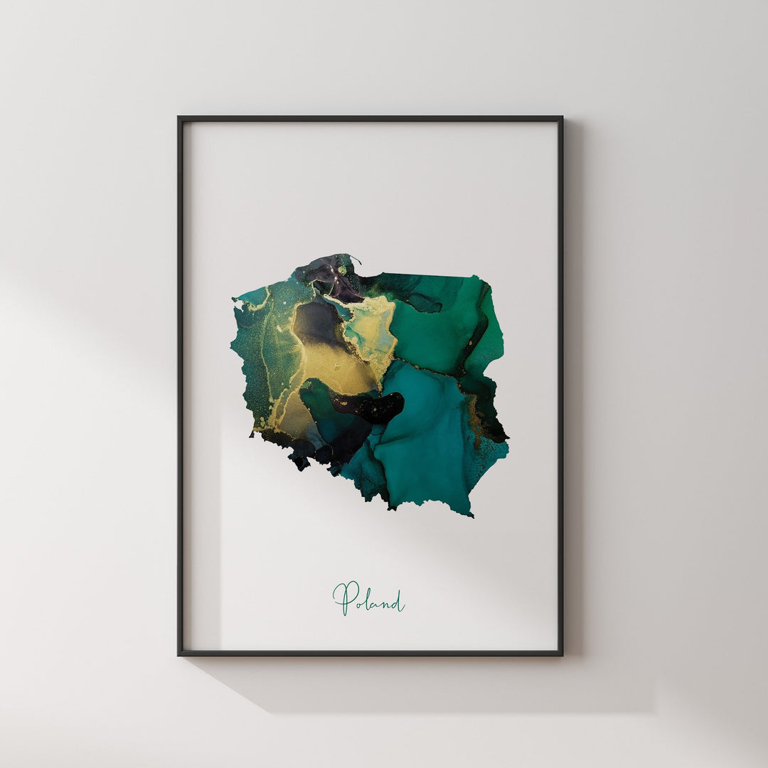Poland Map Emerald Green and Gold Wall Art Print
