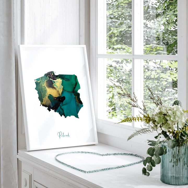 Poland Map Emerald Green and Gold Wall Art Print