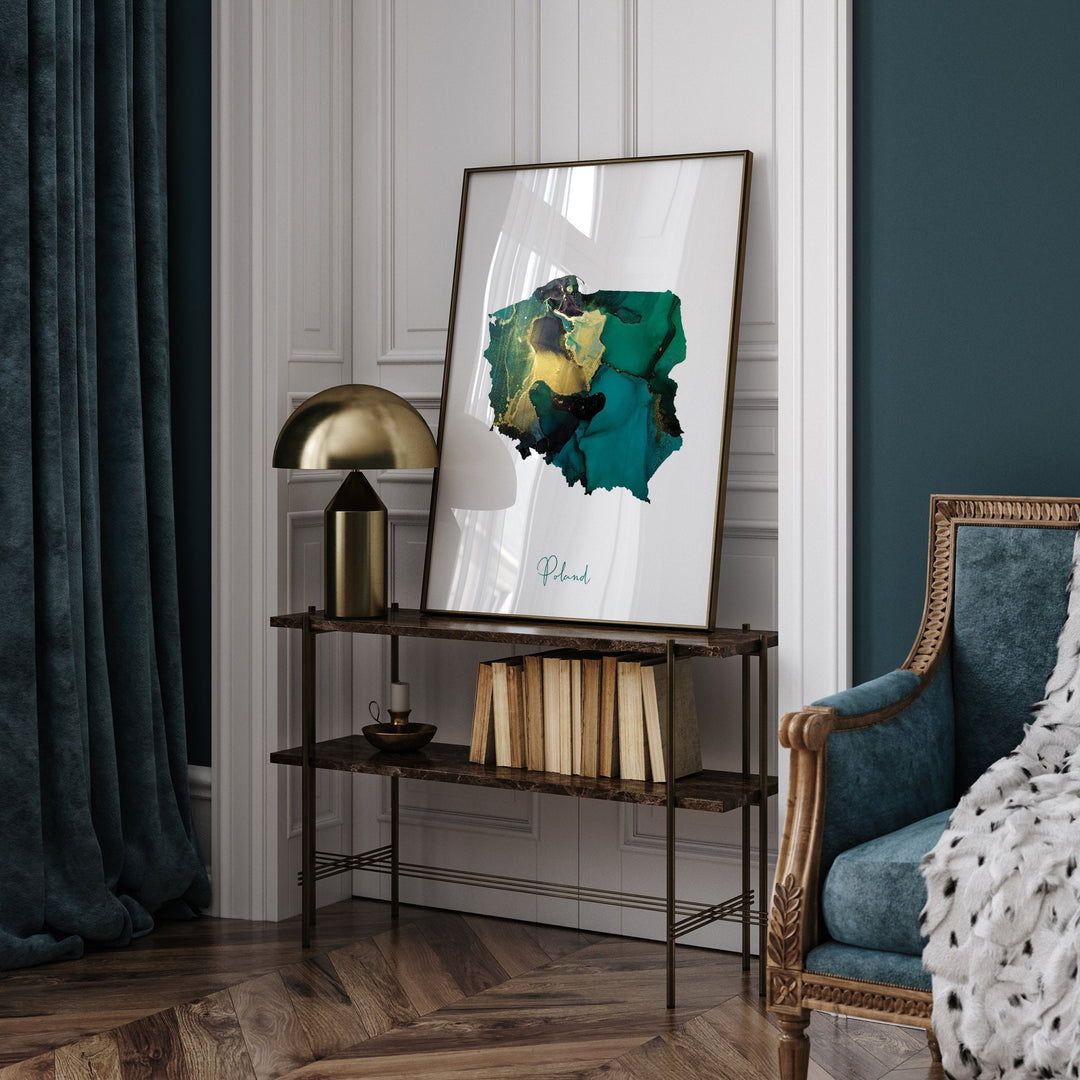 Poland Map Emerald Green and Gold Wall Art Print