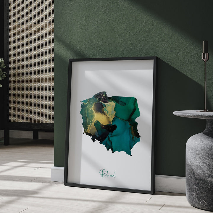 Poland Map Emerald Green and Gold Wall Art Print