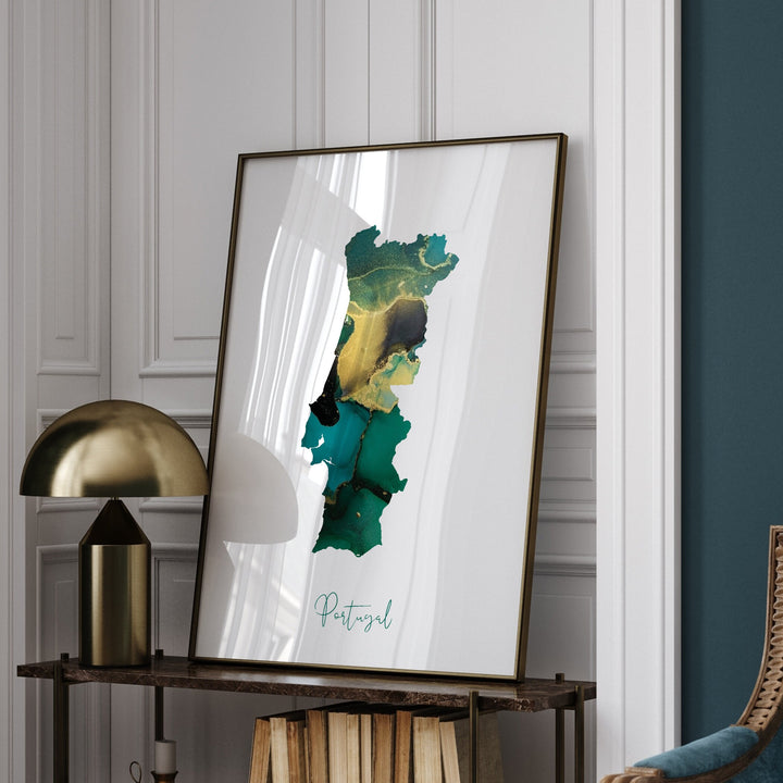 Portugal Map Emerald Green and Gold Wall Art Print