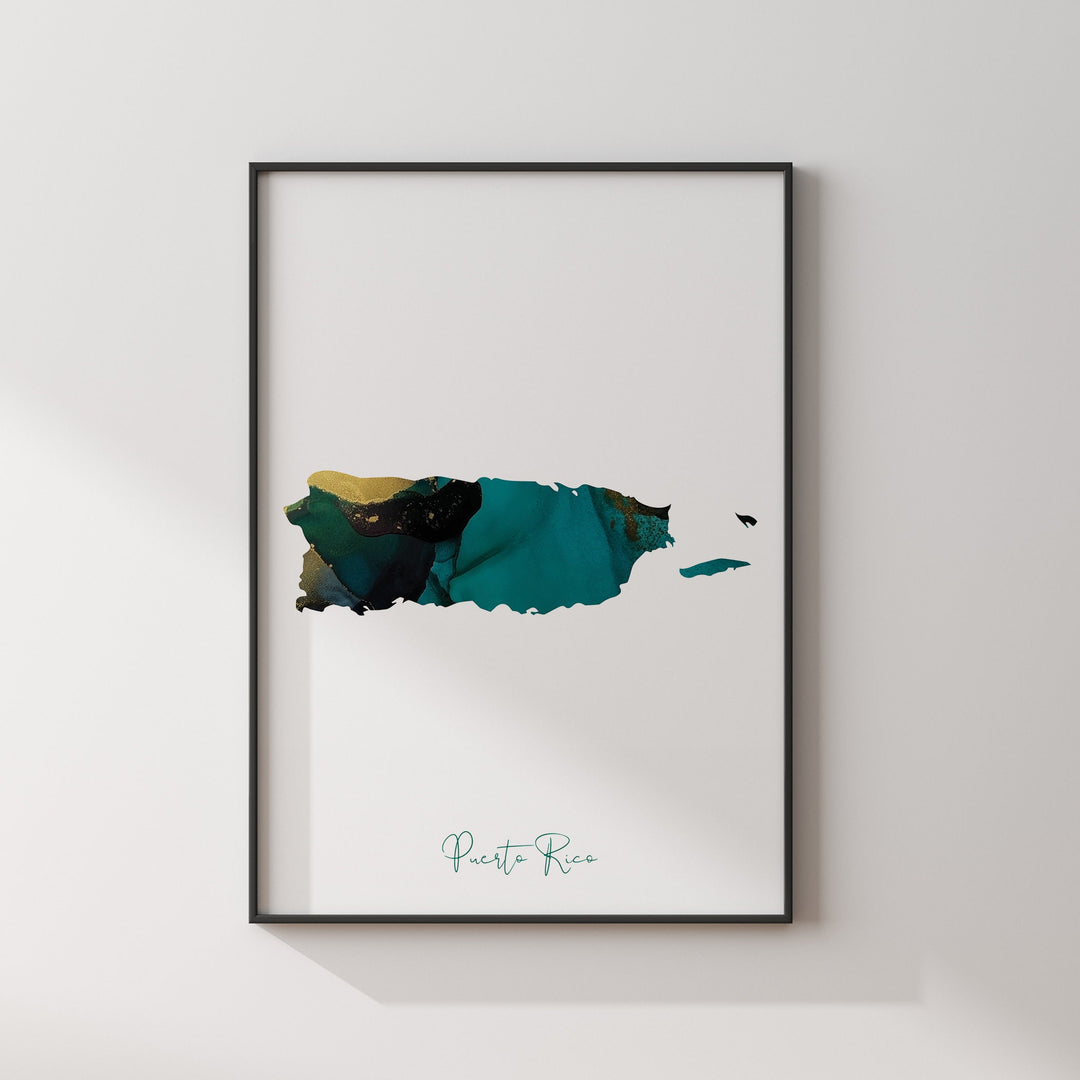 Puerto Rico Map Emerald Green and Gold Wall Art Print