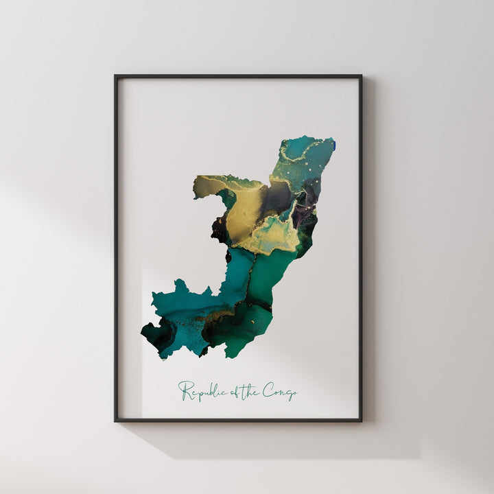 Republic of the Congo Map Emerald Green and Gold Wall Art Print