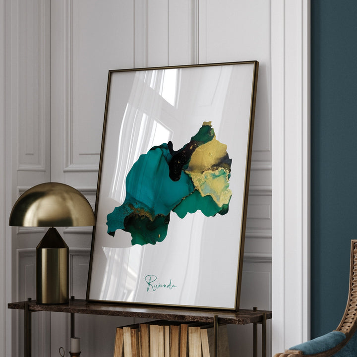 Rwanda Map Emerald Green and Gold Wall Art Print