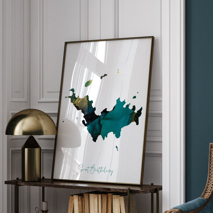Saint Barthelemy Map Emerald Green and Gold Wall Art Print