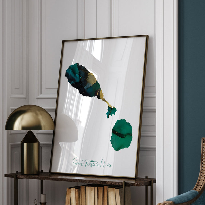 Saint Kitts & Nevis Map Emerald Green and Gold Wall Art Print
