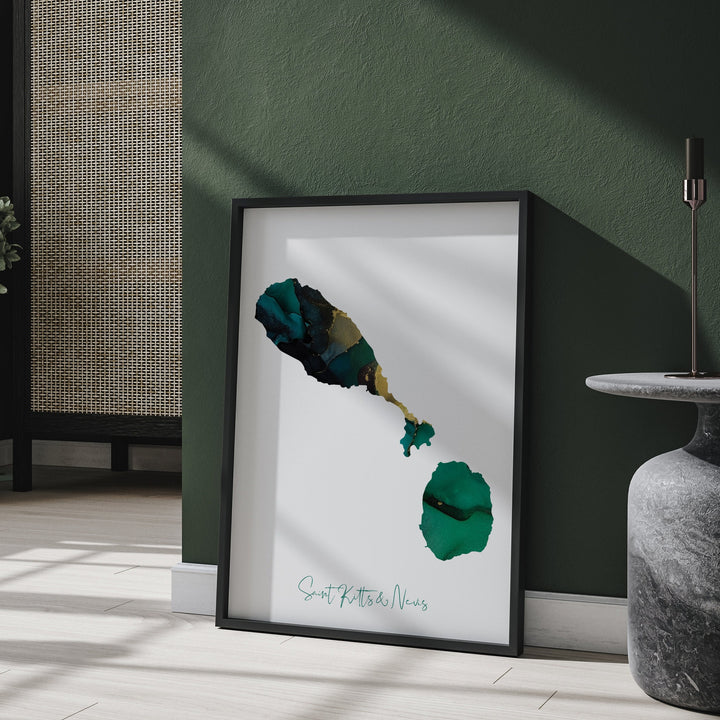 Saint Kitts & Nevis Map Emerald Green and Gold Wall Art Print