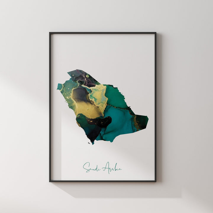 Saudi Arabia Map Emerald Green and Gold Wall Art Print