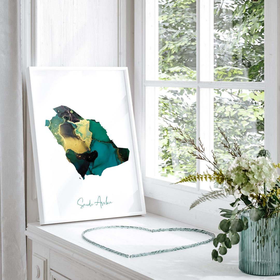 Saudi Arabia Map Emerald Green and Gold Wall Art Print