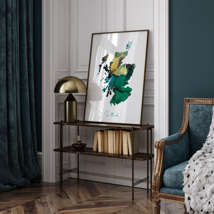 Scotland Map Emerald Green and Gold Wall Art Print