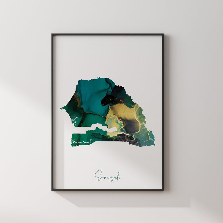 Senegal Map Emerald Green and Gold Wall Art Print