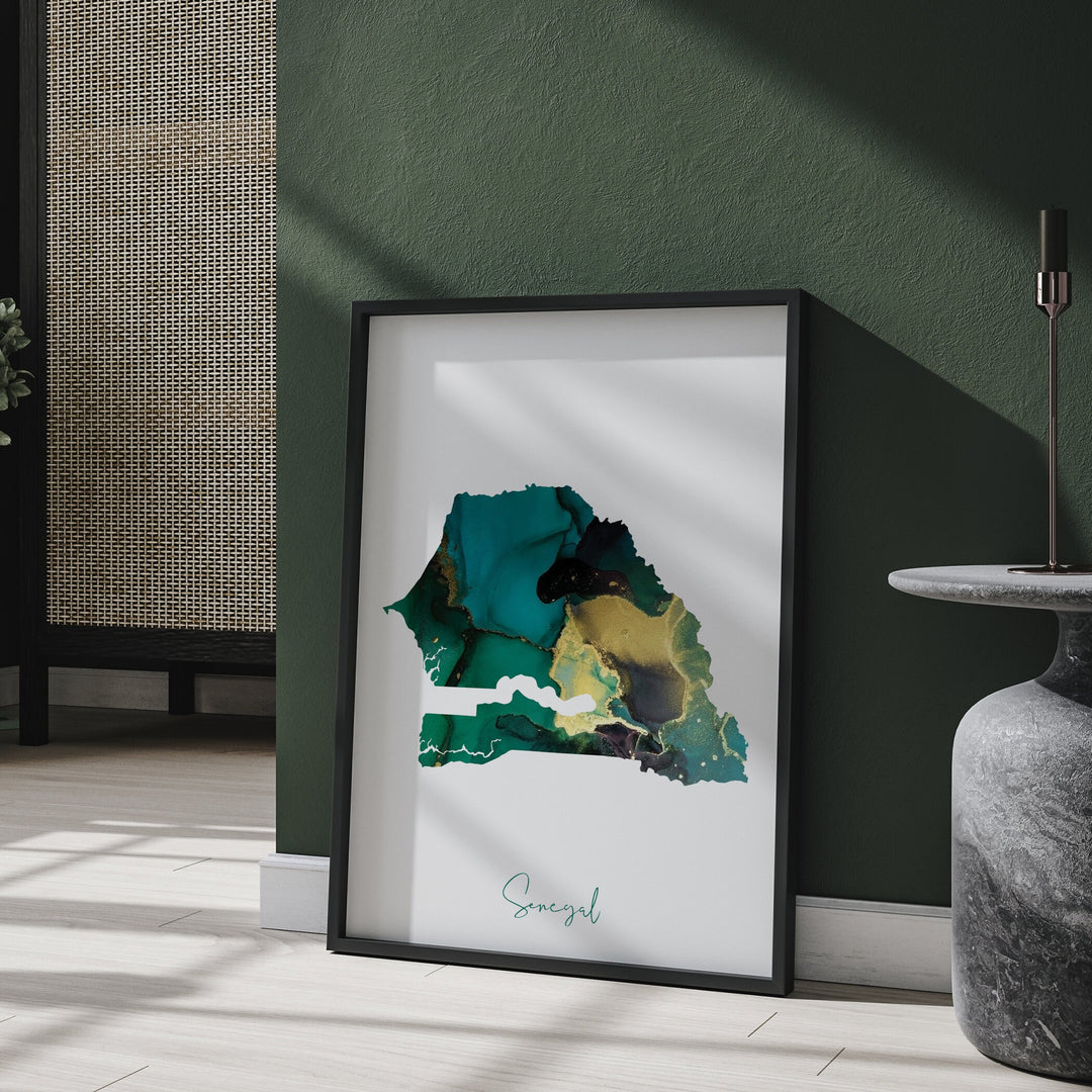 Senegal Map Emerald Green and Gold Wall Art Print