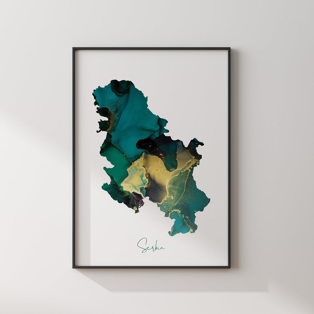 Serbia Map Emerald Green and Gold Wall Art Print