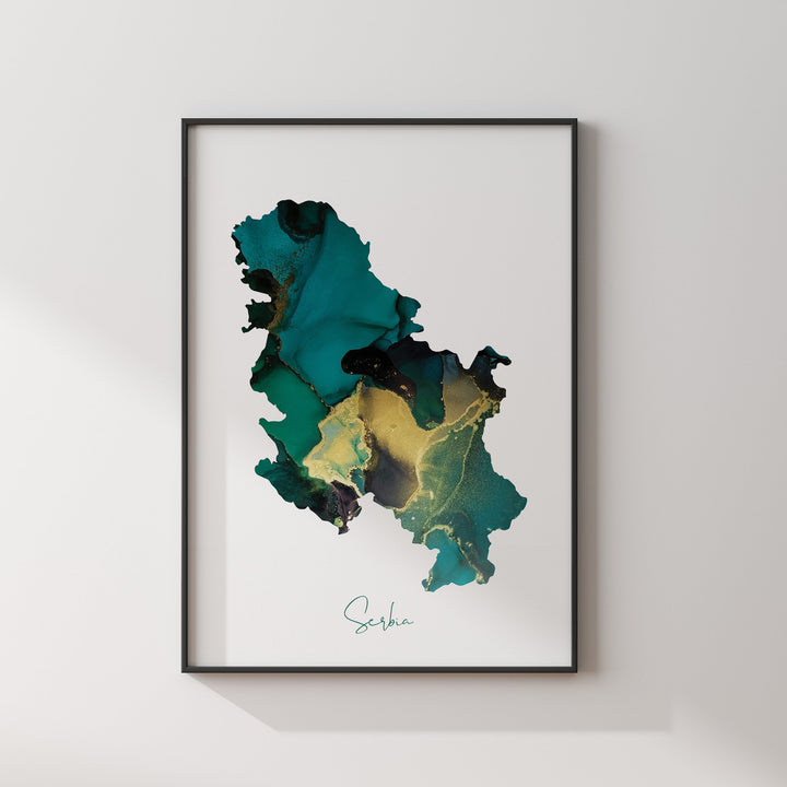 Serbia Map Emerald Green and Gold Wall Art Print
