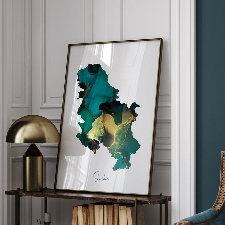 Serbia Map Emerald Green and Gold Wall Art Print