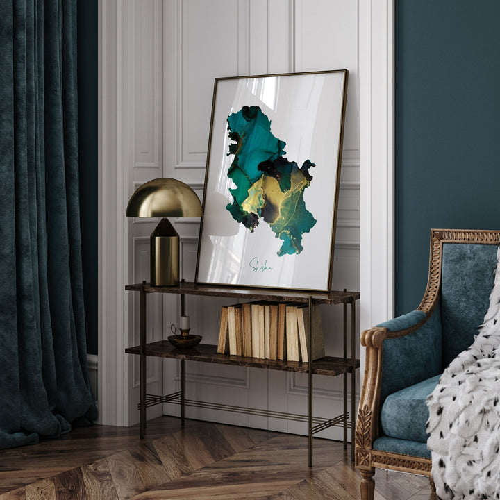 Serbia Map Emerald Green and Gold Wall Art Print