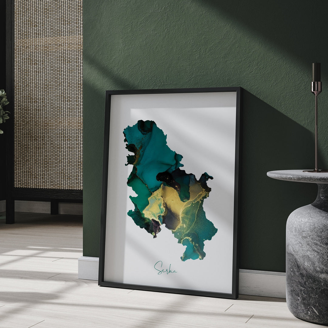 Serbia Map Emerald Green and Gold Wall Art Print