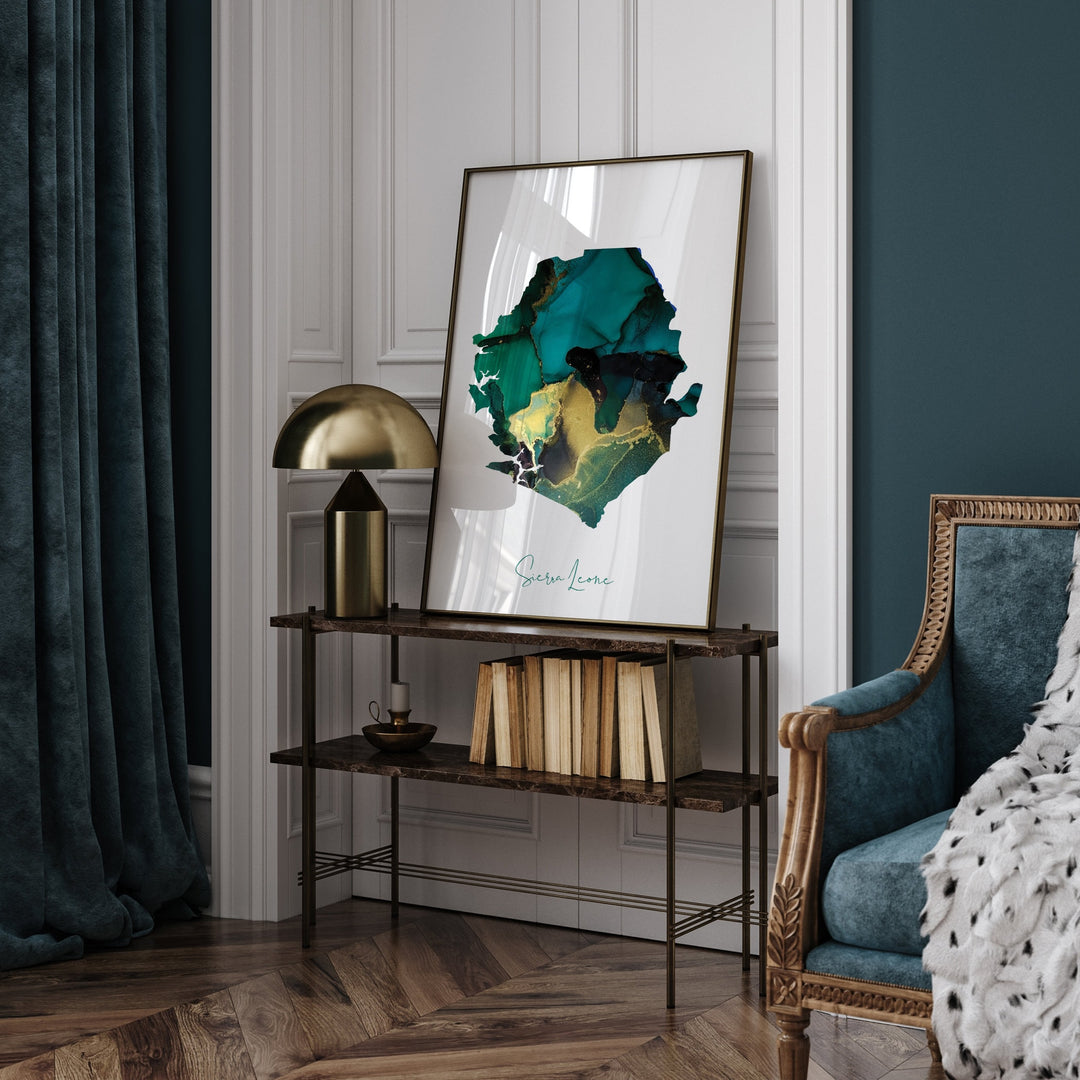 Sierra Leone Map Emerald Green and Gold Wall Art Print