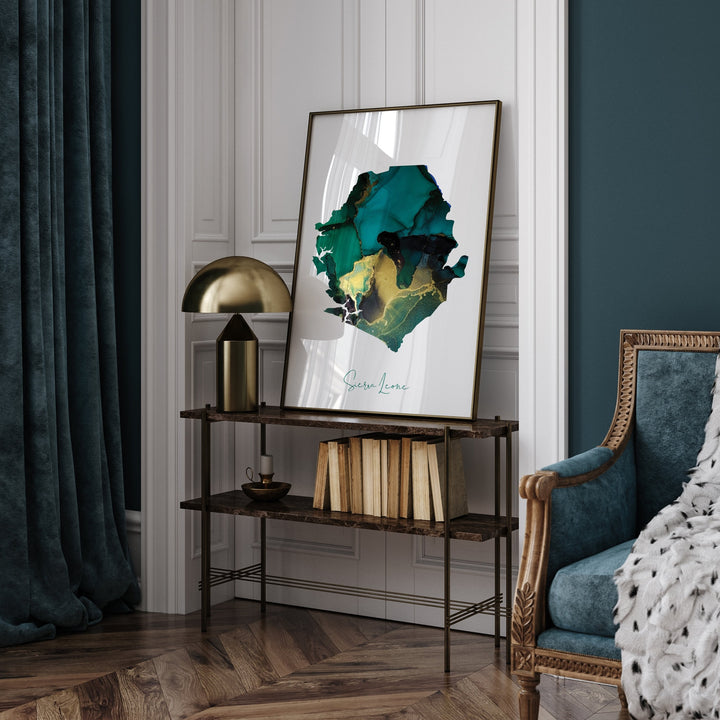 Sierra Leone Map Emerald Green and Gold Wall Art Print