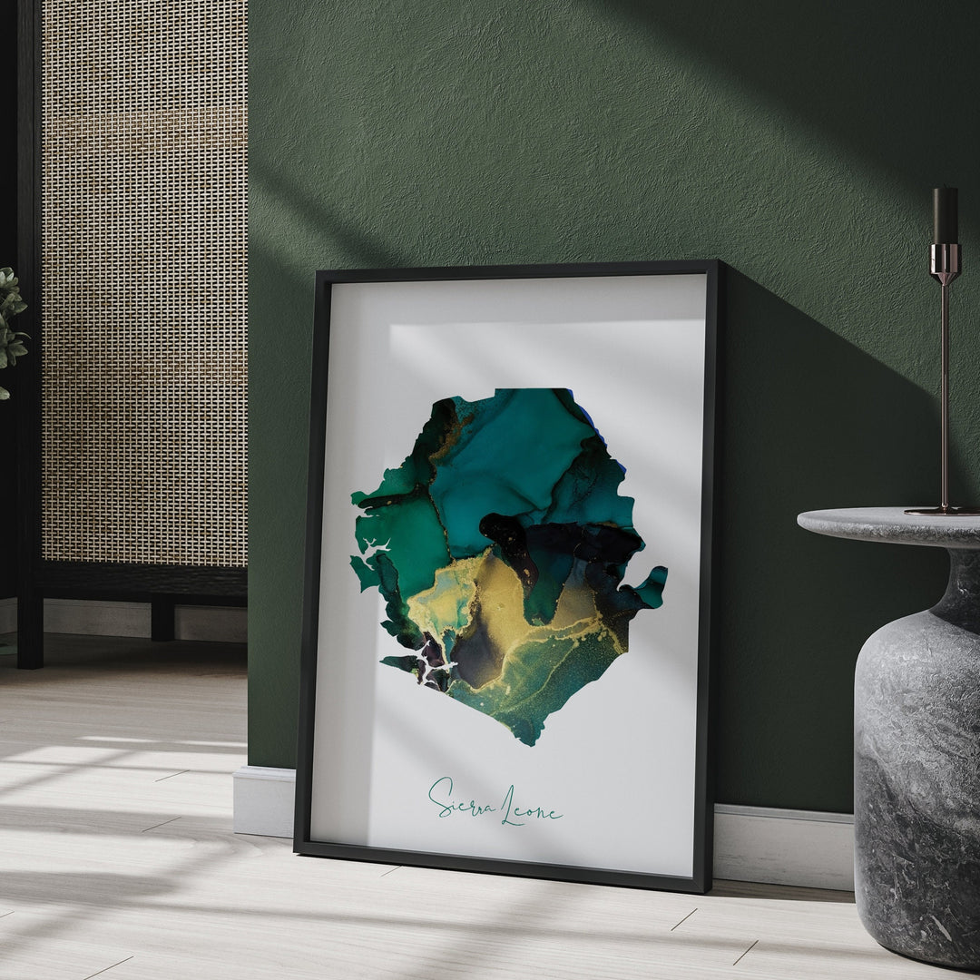 Sierra Leone Map Emerald Green and Gold Wall Art Print