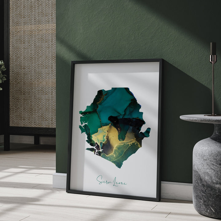 Sierra Leone Map Emerald Green and Gold Wall Art Print