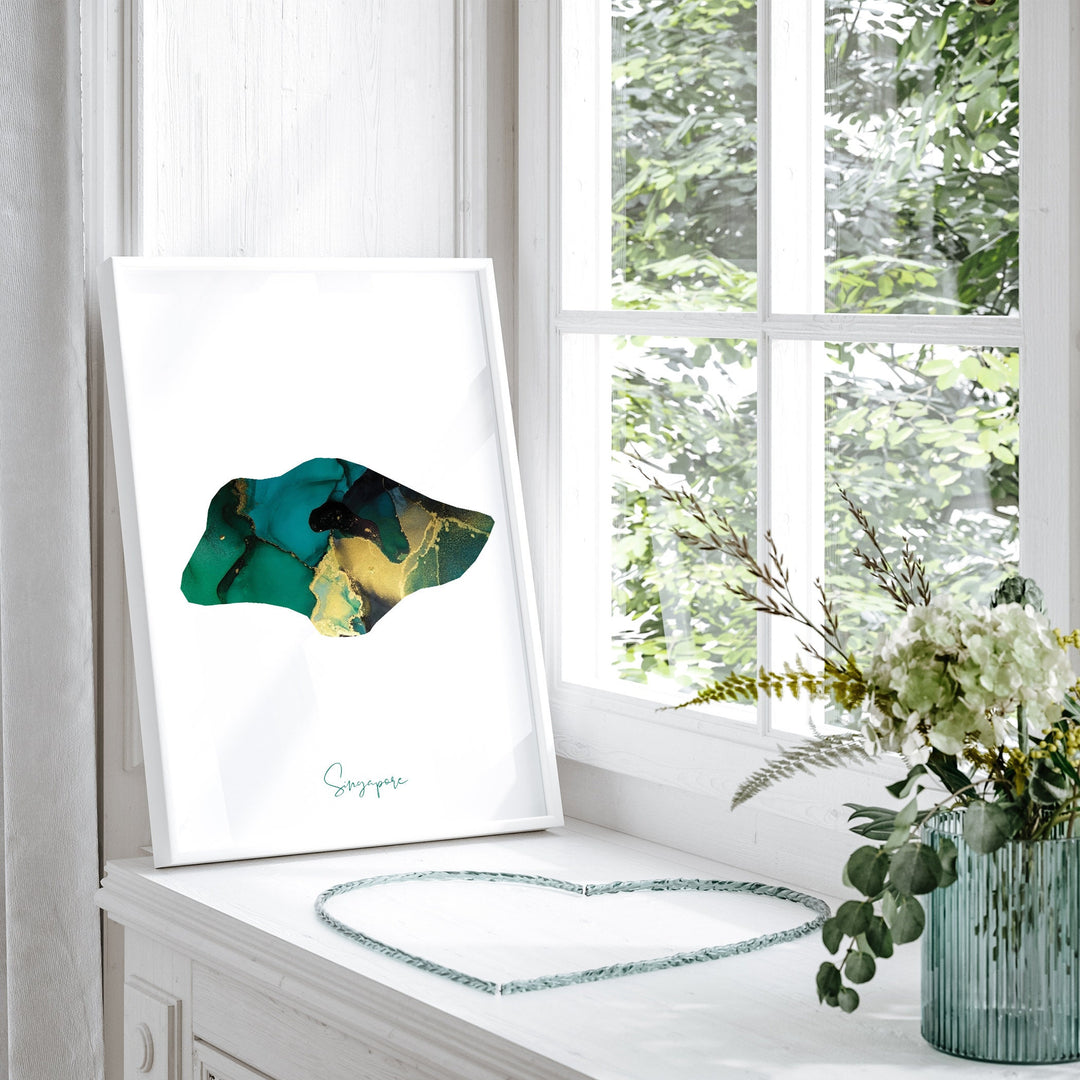 Singapore Map Emerald Green and Gold Wall Art Print