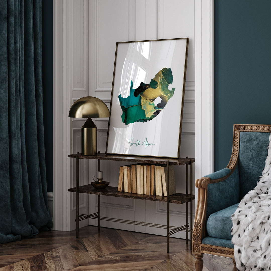 South Africa Map Emerald Green and Gold Wall Art Print