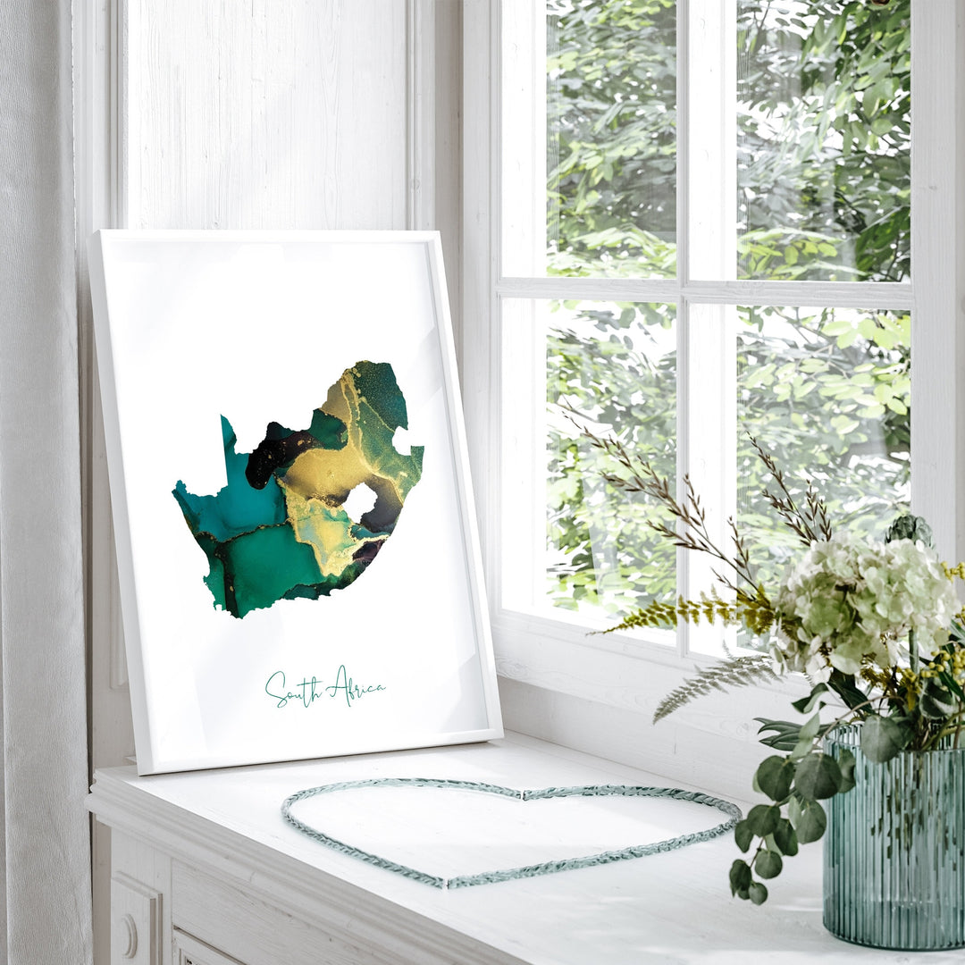 South Africa Map Emerald Green and Gold Wall Art Print