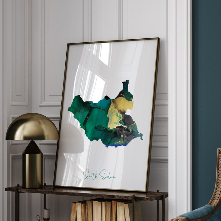South Sudan Map Emerald Green and Gold Wall Art Print