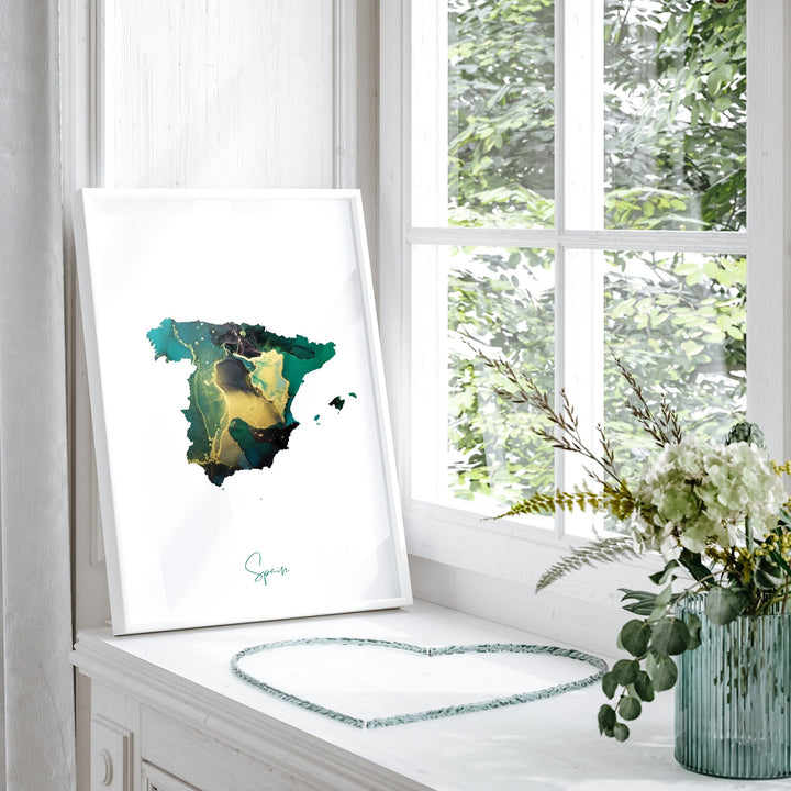 Spain Map Emerald Green and Gold Wall Art Print
