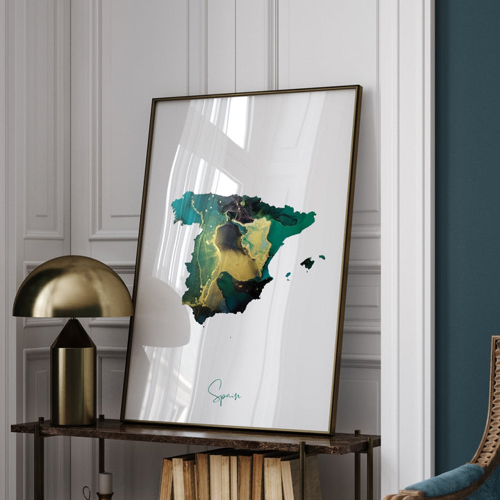 Spain Map Emerald Green and Gold Wall Art Print