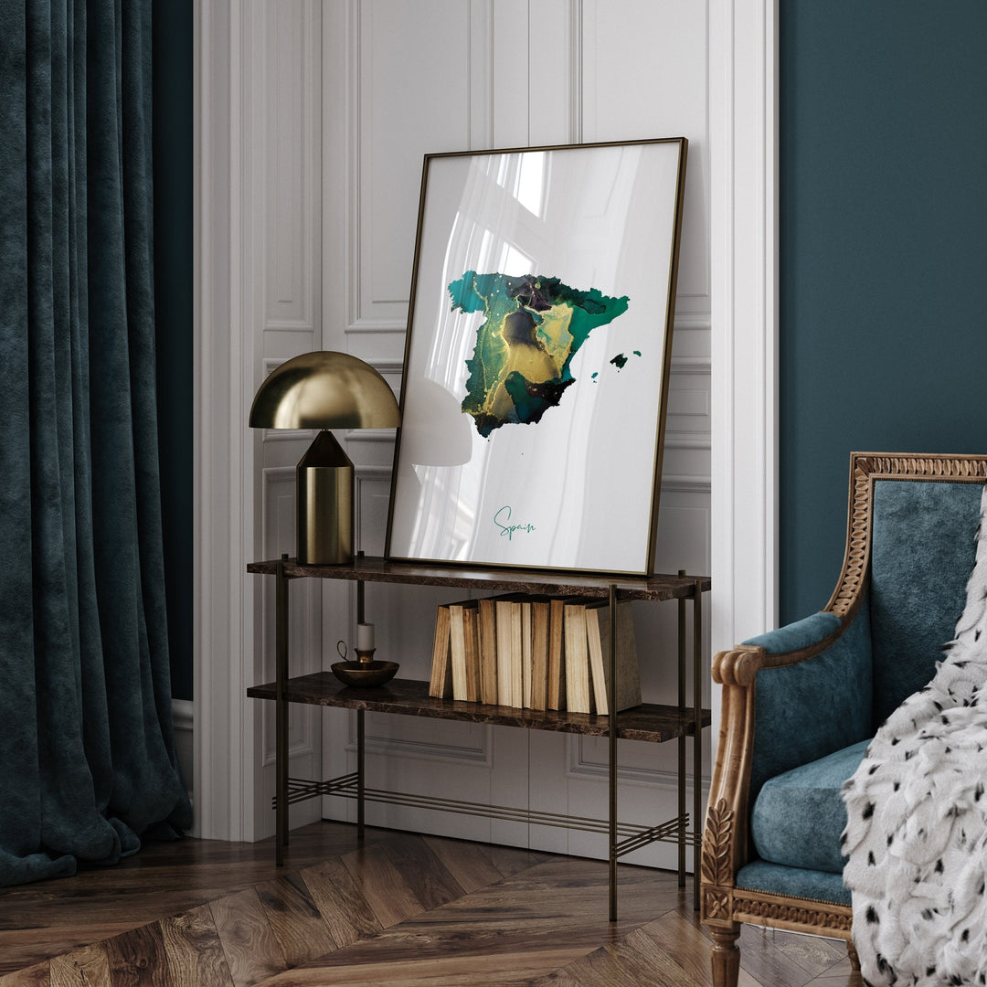 Spain Map Emerald Green and Gold Wall Art Print