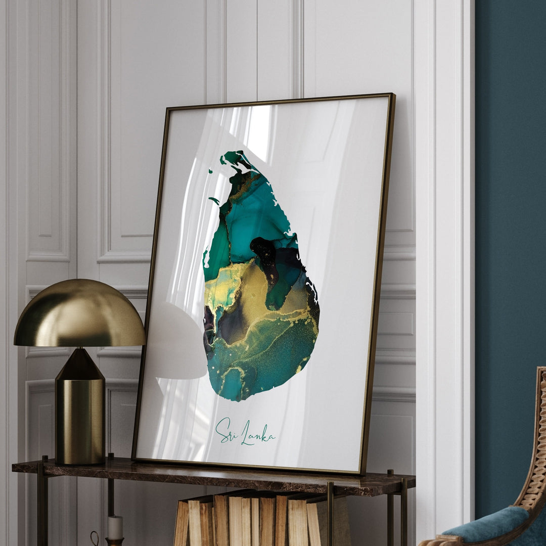 Sri Lanka Map Emerald Green and Gold Wall Art Print