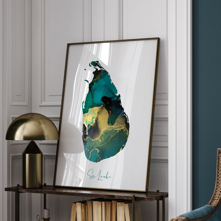 Sri Lanka Map Emerald Green and Gold Wall Art Print