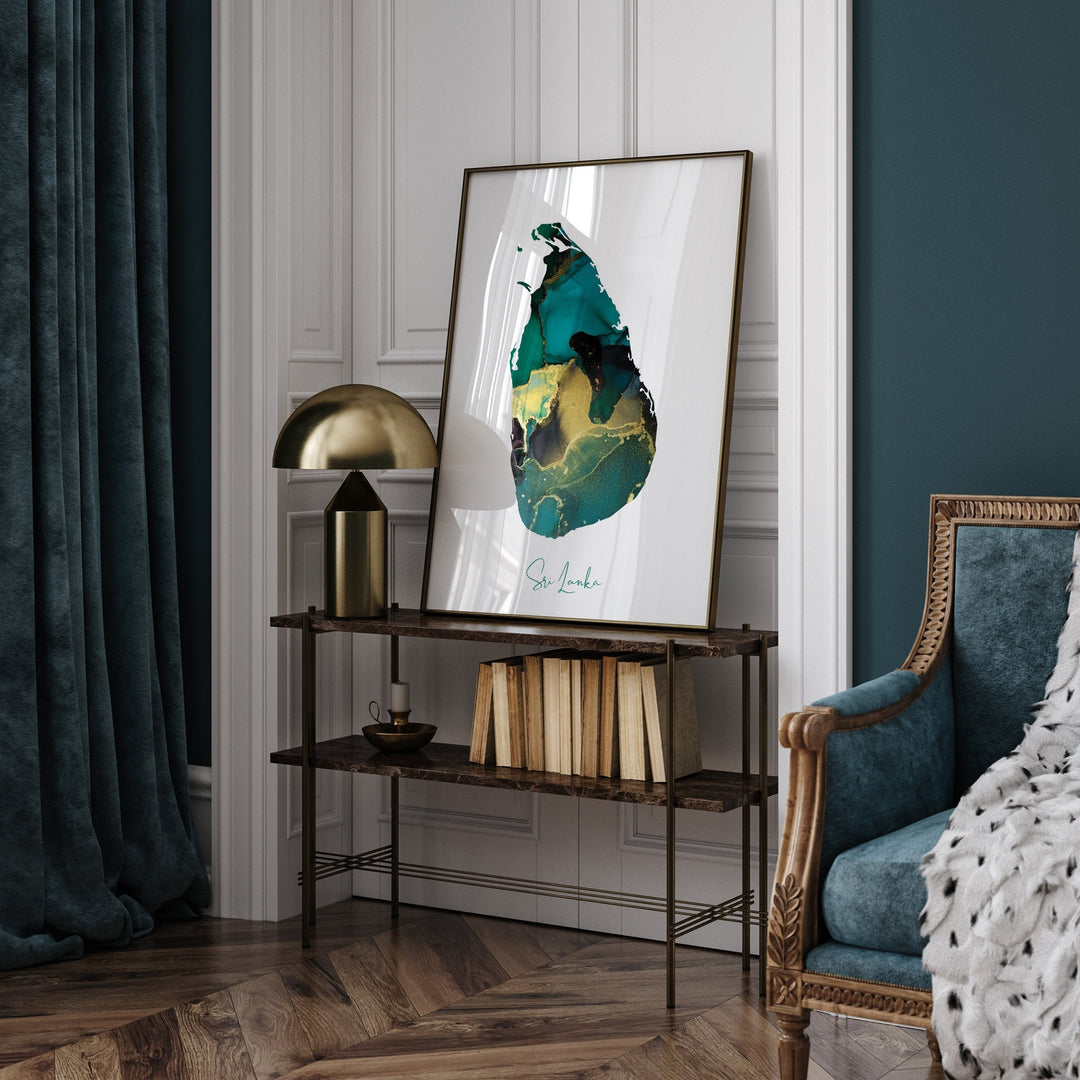Sri Lanka Map Emerald Green and Gold Wall Art Print
