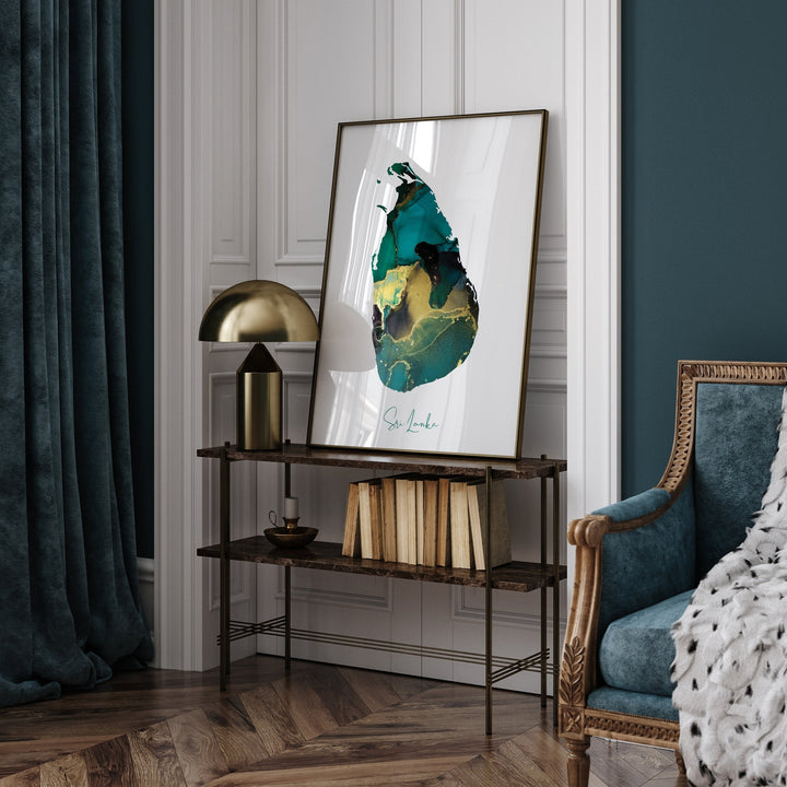 Sri Lanka Map Emerald Green and Gold Wall Art Print