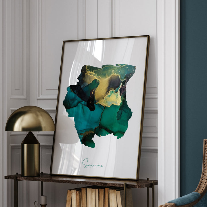 Suriname Map Emerald Green and Gold Wall Art Print